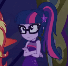 twilight sparkle from my little pony equestria girls wearing glasses and a purple dress