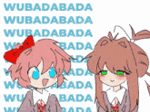 a drawing of two girls standing next to each other with the words wubadabada in the background