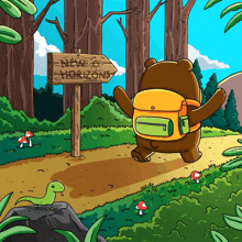 a bear with a backpack is walking towards a sign that says new horizons