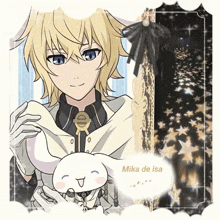 a drawing of a boy holding a bunny with the name mika de isa