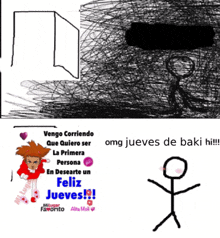 a stick figure is standing in front of a drawing of a door that says vengo corriendo que quiero ser