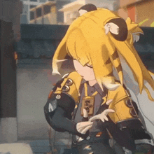 a cartoon girl with yellow hair and ears is standing in front of a building in a city .