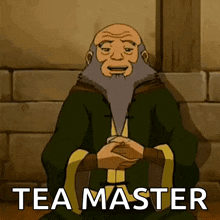 a man with a beard is sitting down with his hands folded and the words tea master written on the bottom