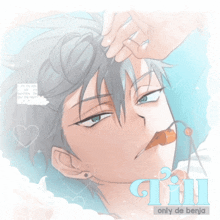 a drawing of a man with a cherry in his mouth and the name till