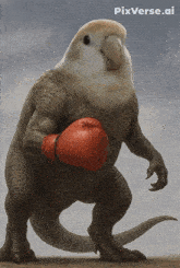 a picture of a dinosaur with a bird 's head and boxing gloves with pixverse.ai at the bottom