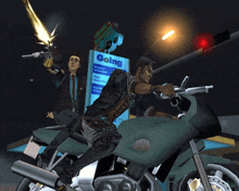 two men are riding a motorcycle in front of a going sign