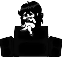 a black and white drawing of a girl sitting on top of a speaker .