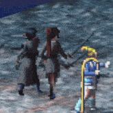 a pixel art of a woman holding a sword standing next to a man