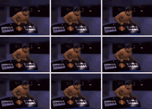 a collage of images of a man standing in front of a control panel that says ' a ' on it