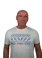 a man wearing a white t-shirt that says saris