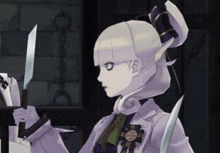 a girl in a white coat is holding two knives and has a badge that says ' a ' on it