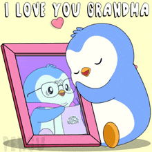 a penguin is hugging a picture of itself with the words " i love you grandma " on the bottom