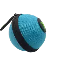 a blue ball with a black zipper and a green x on the side