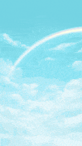 a woman wearing sunglasses and a flower in her hair stands in front of a blue sky and a rainbow