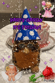 a picture of a cat wearing a party hat with the words party hardy it 's friday