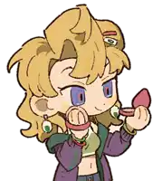 a cartoon of a woman applying makeup with a purple jacket