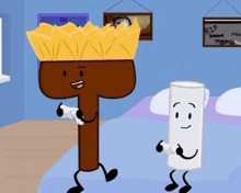 a cartoon character wearing a crown is standing next to a white cylinder