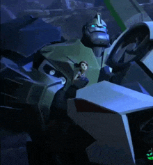a robot with a blue eye is holding a doll
