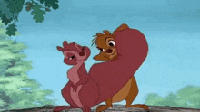 a couple of cartoon animals standing next to each other on top of a tree branch .