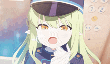 a girl with green hair is wearing a blue hat and gloves