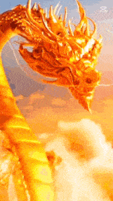 a golden dragon is flying through the air with a blue sky behind it