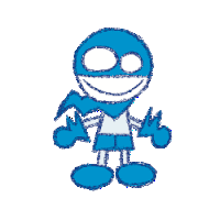 a blue drawing of a person with a scarf around their neck and a smiling face