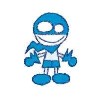 a blue drawing of a person with a scarf around their neck and a smiling face