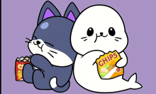 a black cat and a seal eating chips together