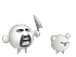 a couple of white balls with faces on them are standing next to each other and one of them is holding a knife .