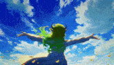 a woman with green hair and horns looks up at the sky
