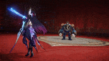 a video game character is holding a sword in front of a robot .