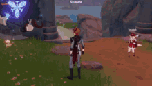a man and a girl are standing in a field in a video game with russian writing on the screen