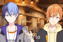 two anime characters are standing next to each other and one of them is giving the peace sign