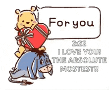 winnie the pooh is riding on the back of eeyore while holding a chocolate heart .