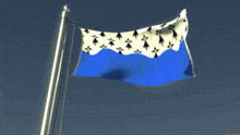 a blue and white flag is waving in the wind against a blue sky