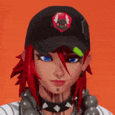 a girl with red hair wearing a black hat with a skull on it