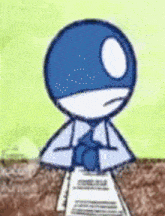 a cartoon character with a blue head and a white eye