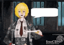 a woman in a suit and tie is holding a piece of paper with a speech bubble above her .