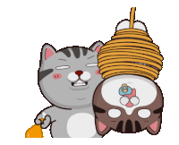 a cartoon cat is holding another cat upside down with a rope