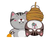 a cartoon cat is holding another cat upside down with a rope