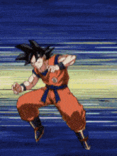 a cartoon character named goku is jumping in the air while holding a sword .