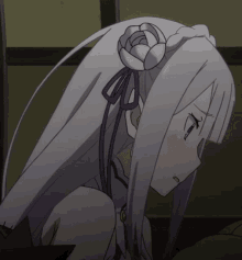 a close up of a white haired anime character with a flower in her hair