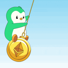 a green and white penguin is holding a gold coin with a triangle on it