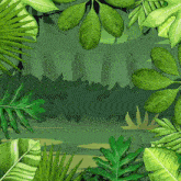 a cartoon illustration of a jungle with lots of leaves