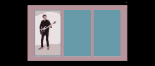 three images of a man playing a guitar on a pink and black background