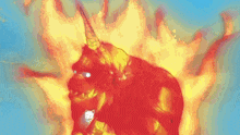 a painting of a bull with horns on fire