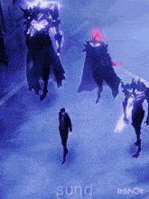 a man in a suit is standing in front of a group of monsters and the word sung is on the bottom right
