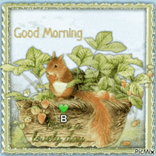 a picture of a squirrel sitting in a basket of strawberries with the words good morning b have a lovely day