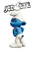 a smurf with a tattoo on his arm is standing in front of a sign that says jcl este