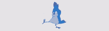 a blue bird is standing on its hind legs with its wings outstretched on a white background .